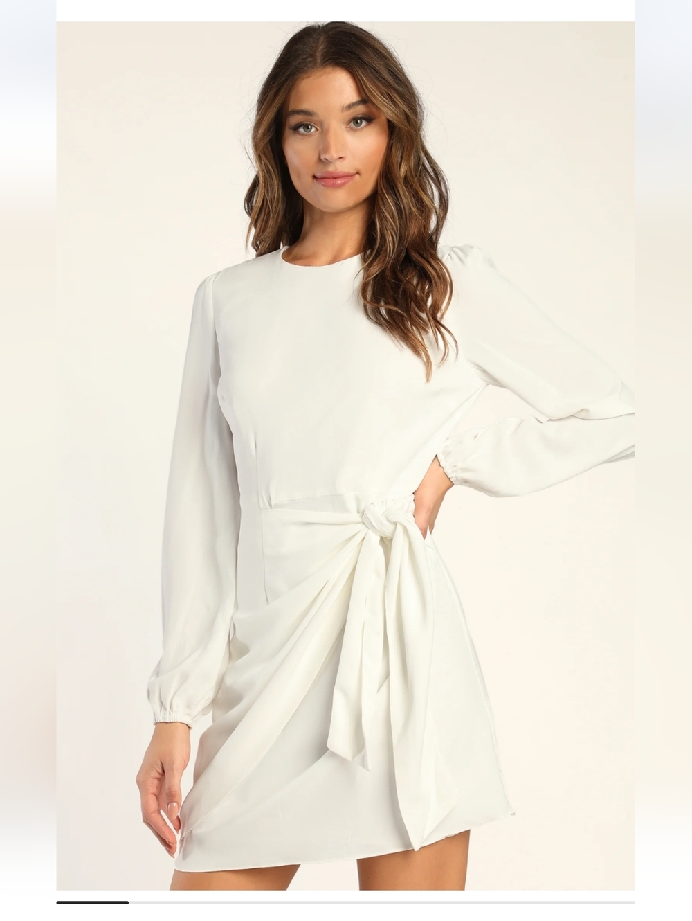 Lulus Believe It Or Knot White Long Sleeve Tie-front Skater Dress